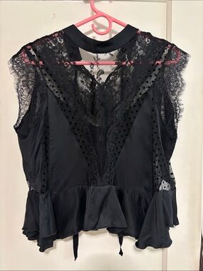 Anthropologie Black Lace & Polka-Dot Mesh Peplum Top